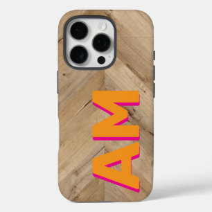 Rustikale Orange Pink Shadow Monogram Wood Texture iPhone 16 Pro Hülle