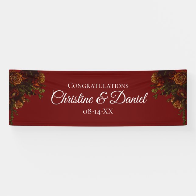 Rustikale Orange Red Fall Elegante Gotische Hochze Banner (Horizontal)
