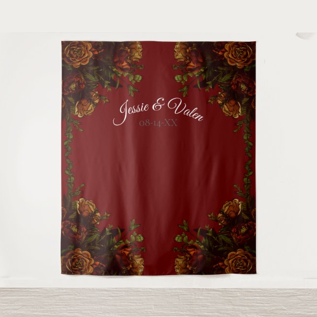 Rustikale Orange Red Fall Elegante Gotische Hochze Wandteppich (Vorderseite)