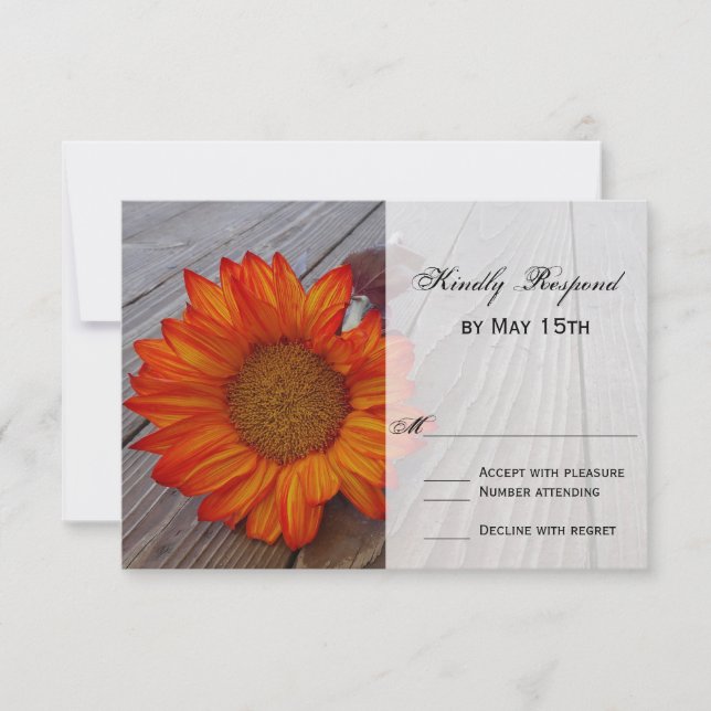Rustikale Orange Red Sunflower Wedding RSVP Karten (Vorderseite)