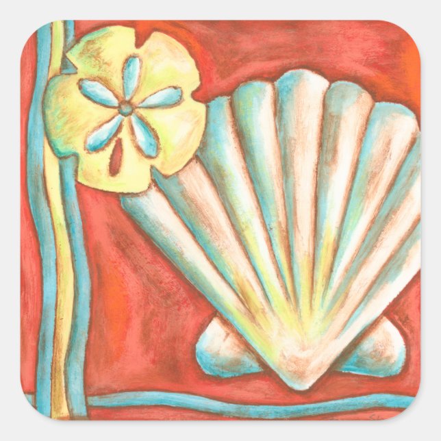 Rustikale Orange Seashells Quadratischer Aufkleber (Vorderseite)