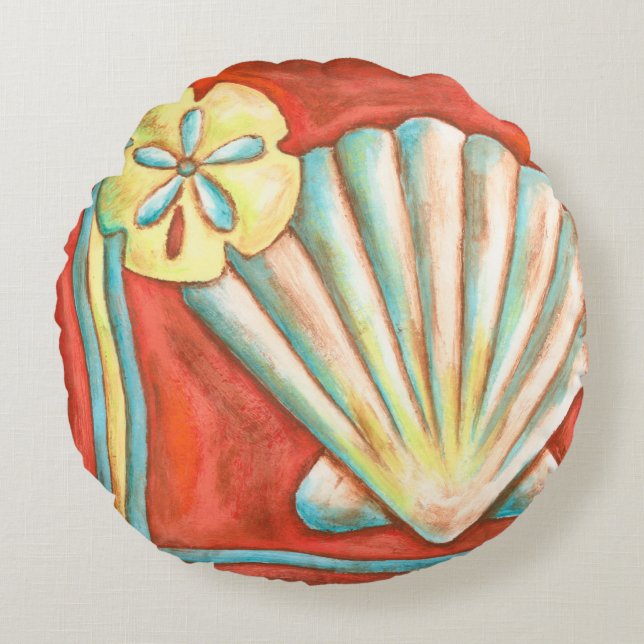 Rustikale Orange Seashells Rundes Kissen (Vorderseite)