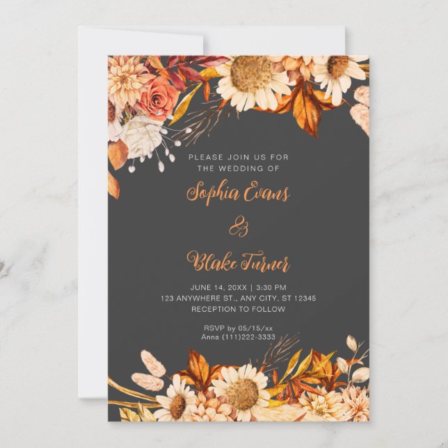 Rustikale Orange White Blume Boho Gray Wedding Einladung (Vorderseite)