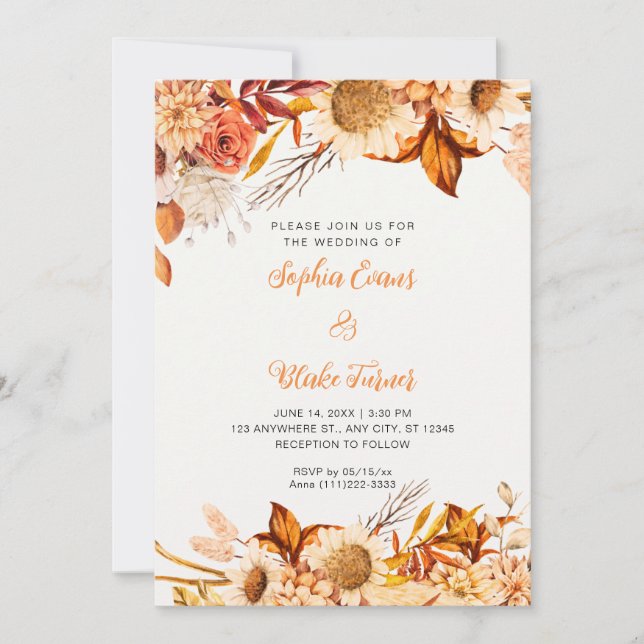 Rustikale Orange White Blume Boho Off White Weddin Einladung (Vorderseite)
