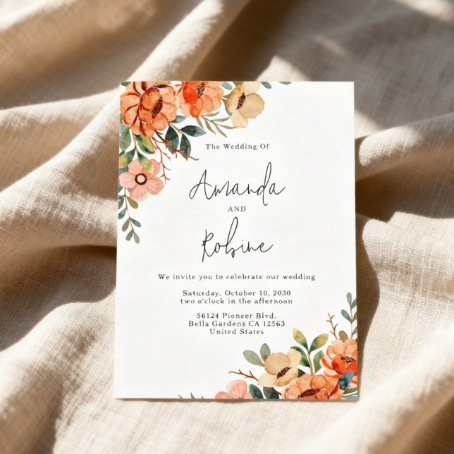 Rustikale Orangefarbene Florale Hochzeit Einladung (Von Creator hochgeladen)