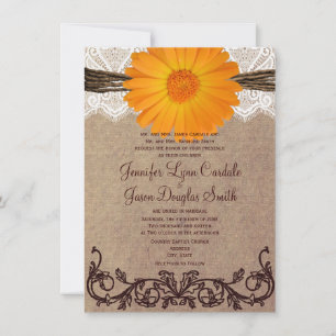 Rustikale orangefarbene Gerber-Daisy-Spitzen-Hochz Einladung