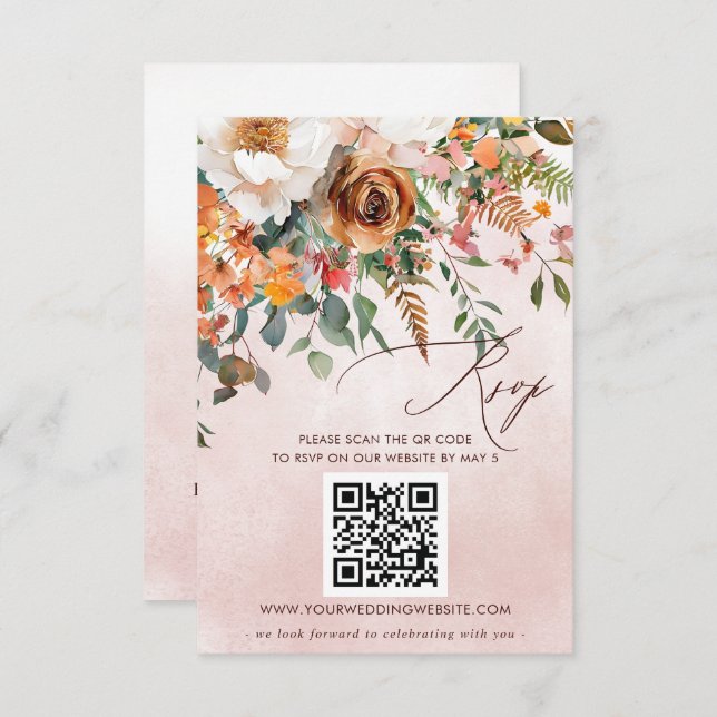 Rustikale Orangefarbene Hochzeit im Herbst QR CODE RSVP Karte (Vorne/Hinten)