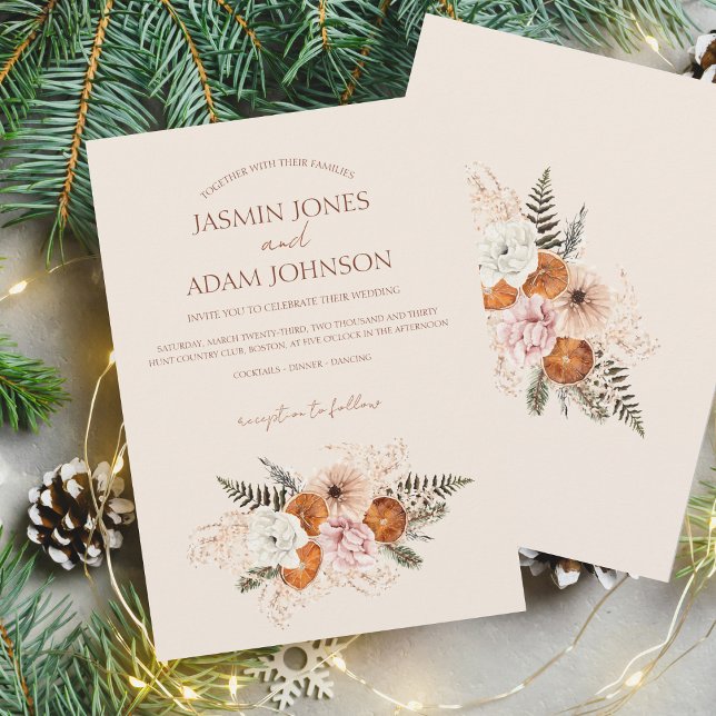 Rustikale Orangenscheiben Pfirsichweiße Blume Hoch Einladung (Winter Orange Slices Dried Citrus Cinnamon Wedding Invitation)