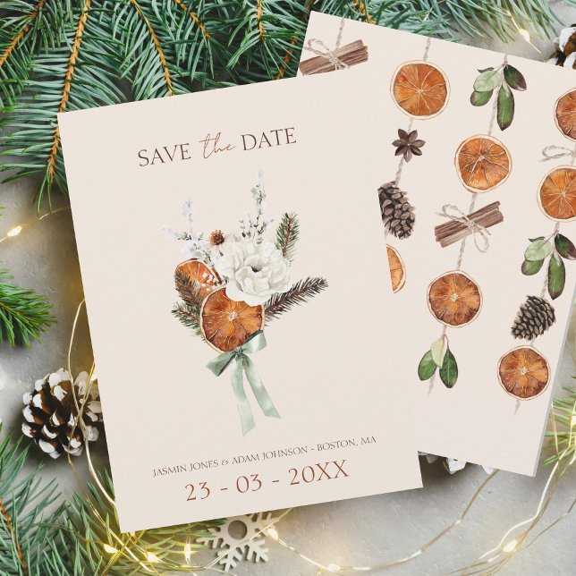 Rustikale Orangenscheiben Weiße Blume Hochzeit Save The Date (Winter Orange Slices Dried Citrus Cinnamon Wedding Save the Date Card)