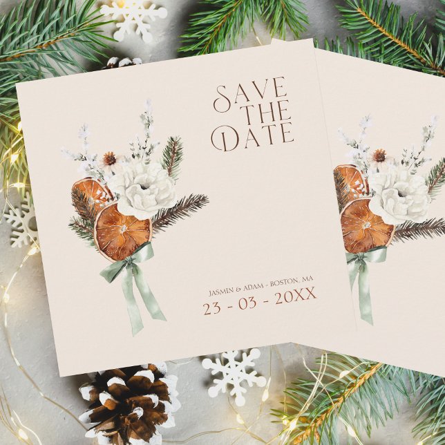 Rustikale Orangenscheiben Weiße Blume Hochzeit Save The Date (Winter Orange Slices Dried Citrus Cinnamon Wedding Save the Date Card)