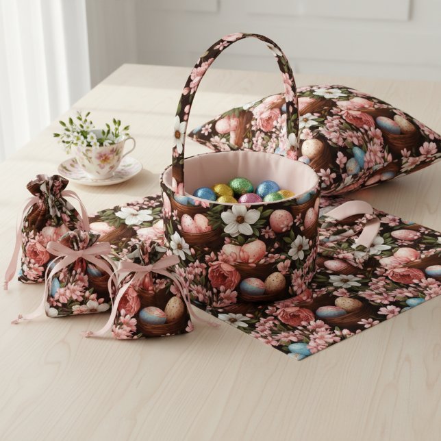 Rustikale Ostereier & Korb Blumenstoff Stoff (Rustic Easter Eggs & Wicker Basket Floral Fabric)