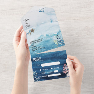 Rustikale Ozeansonnenhochzeit All In One Einladung