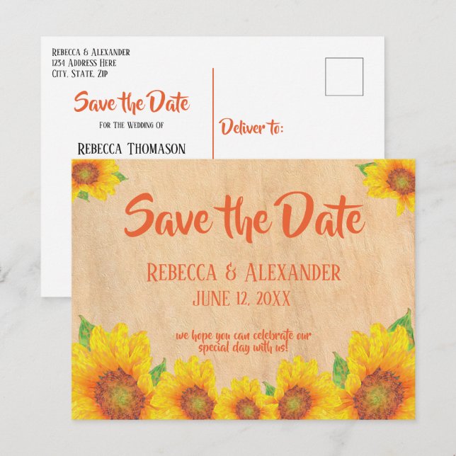 Rustikale, painterly Sonnenblume Save the Date Postkarte (Vorne/Hinten)