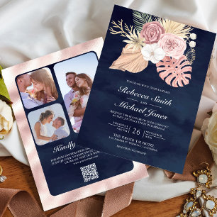 Rustikale Palm Dusty Pink Rosen Navy QR-Code Hochz Einladung
