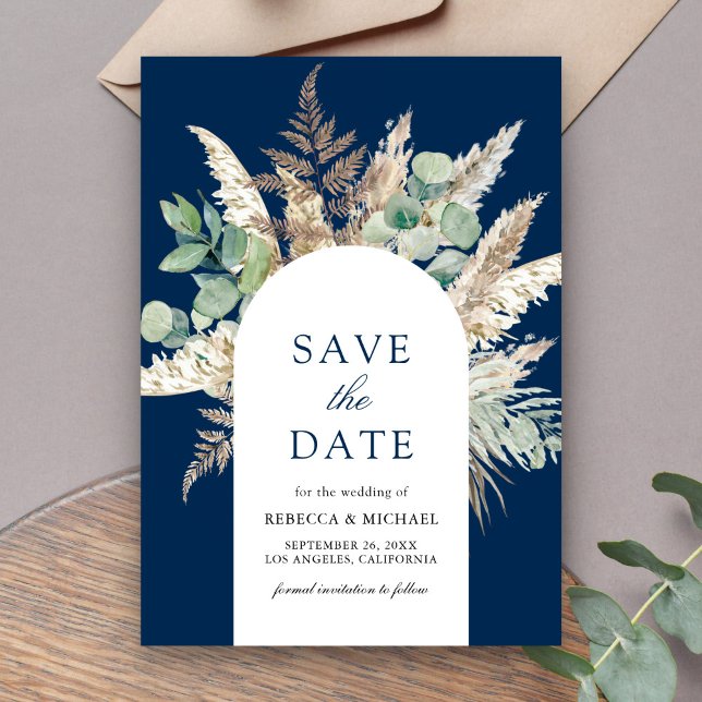 Rustikale Pampas Eucalyptus Arch Navy Blue Wedding Save The Date (Von Creator hochgeladen)