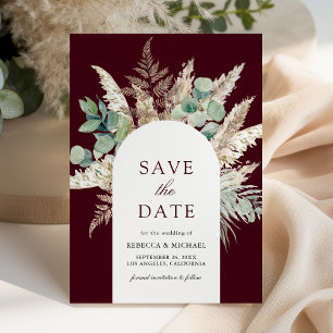 Rustikale Pampas-Eukalyptus-Bogen-Burgunder-Hochze Save The Date