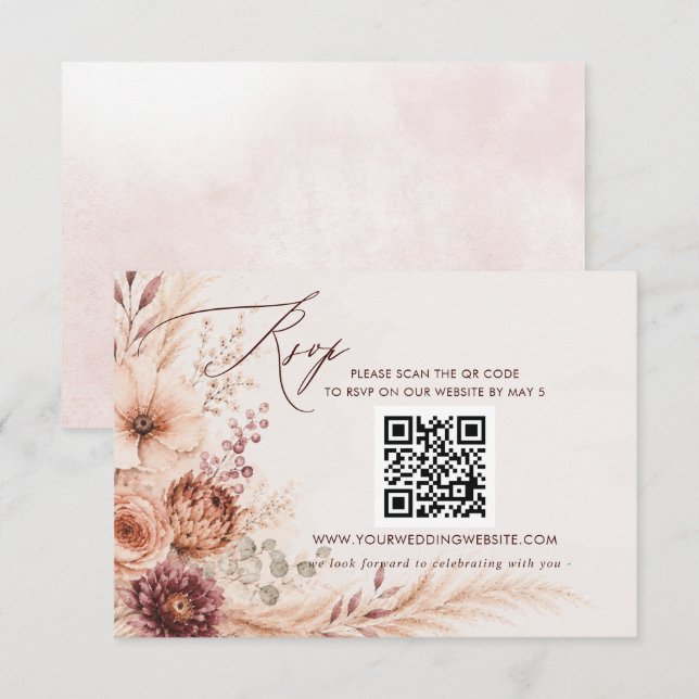 Rustikale Pampas Florale Herbsthochzeit QR CODE RSVP Karte (Vorne/Hinten)