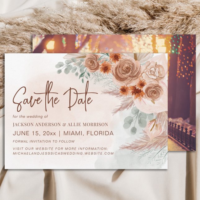 Rustikale Pampas Grass Terracotta Wedding Save The Date (Pampas grass wedding Save the Date photo card)
