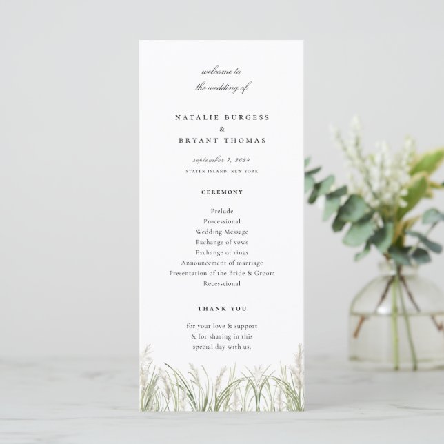 Rustikale Pampas Grass Wedding Programm (Stehend Vorderseite)