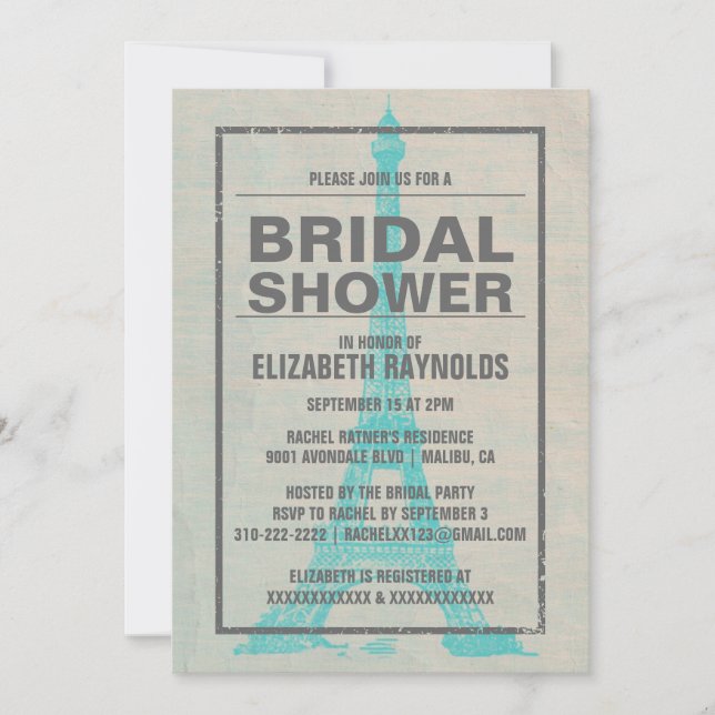 Rustikale Pariser Bridal-Dusche Einladungen (Vorderseite)