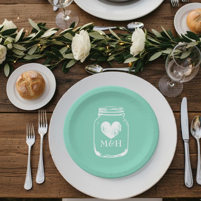 Rustikale Party-Teller aus Glasscherben Pappteller (mint green paper plate for wedding. Mason jar outline)