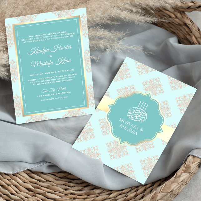 Rustikale Pastel Aqua Blue Damask muslimische Hoch Einladung (Von Creator hochgeladen)
