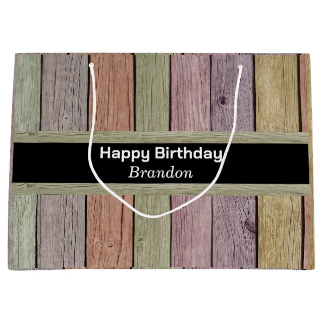 Rustikale Pastel Wood Plank Happy Birthday Große Geschenktüte (Vorderseite)