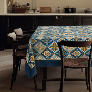 Rustikale Pastelltöne, blau-orange Tischdecke