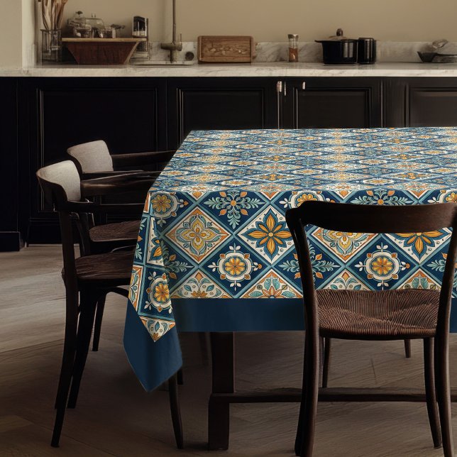 Rustikale Pastelltöne, blau-orange Tischdecke (Rustic Mediterranean navy blue orange tiles pastel Tablecloth)