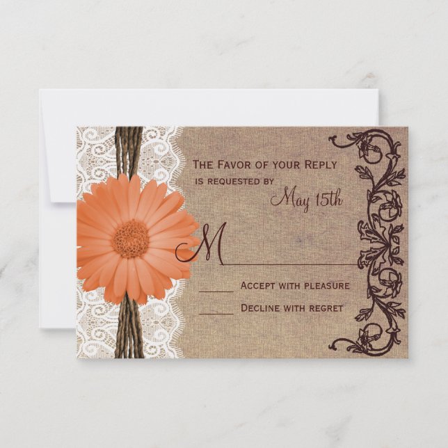 Rustikale Peach Coral Daisy Blume Wedding RSVP Car (Vorderseite)