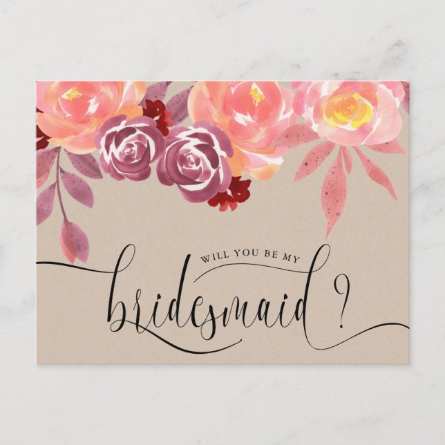 Rustikale Peonies Bridesmaid Einladung Postkarte (Vorderseite)