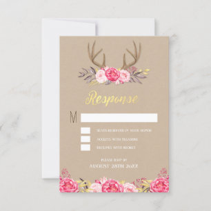 Rustikale Peony and Deer Antler Wedding RSVP Cards