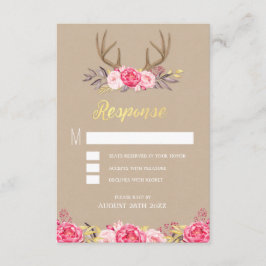 Rustikale Peony and Deer Antler Wedding RSVP Cards Karte