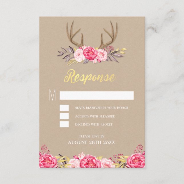 Rustikale Peony and Deer Antler Wedding RSVP Cards Karte (Vorderseite)