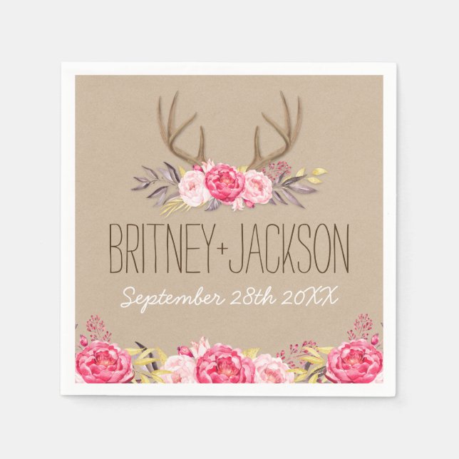 Rustikale Peony and Deer Antler Wedkins Serviette (Vorderseite)