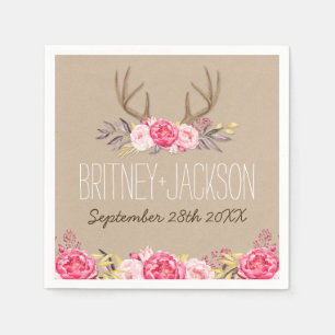 Rustikale Peony and Deer Antler Wedkins Serviette