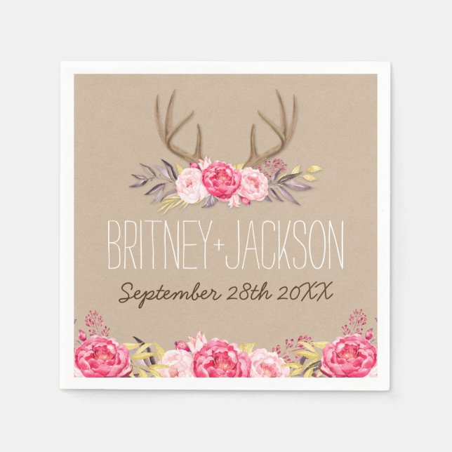 Rustikale Peony and Deer Antler Wedkins Serviette (Vorderseite)
