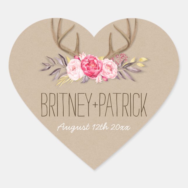 Rustikale Peony & Deer Antler Gastgeschenke Hochze Herz-Aufkleber (Vorderseite)