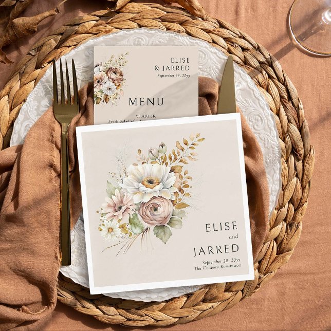 Rustikale Personalisierte Blütenbraun-neutrale Hoc Serviette (Wedding napkins from Rustic Floral Brown Neutral Wedding Collection by Darling & May)