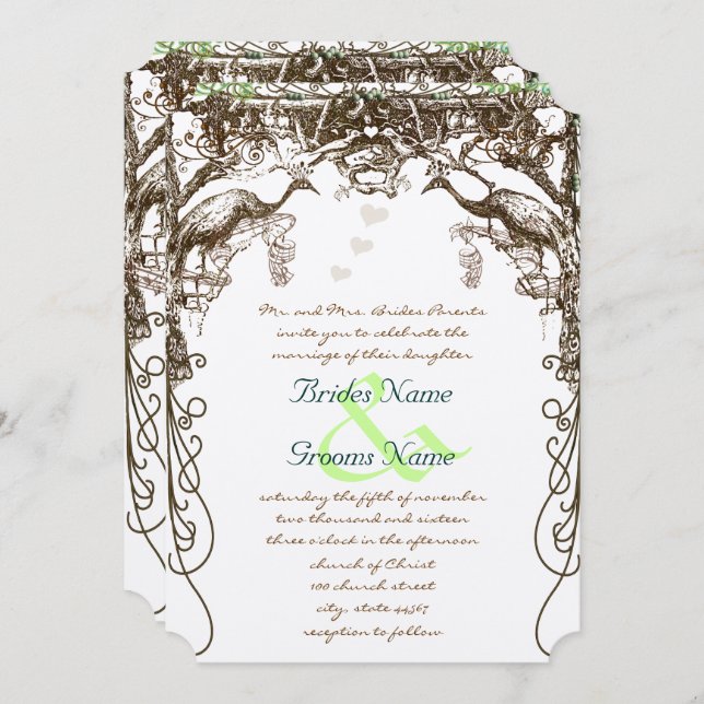 Rustikale Pfauenvögel, Vintag Einladung (Vorne/Hinten)