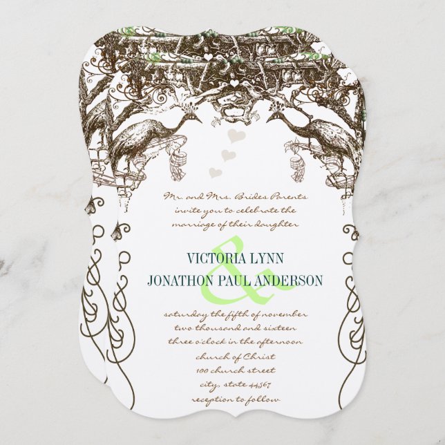 Rustikale Pfauenvögel, Vintag Einladung (Vorne/Hinten)