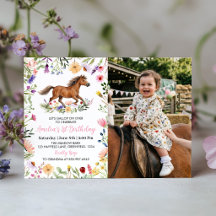 Rustikale Pferd Wildblumen Geburtstags-Foto-Einlad