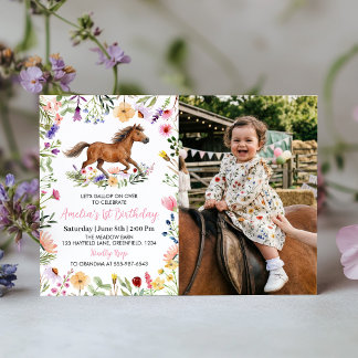 Rustikale Pferd Wildblumen Geburtstags-Foto-Einlad Dankeskarte