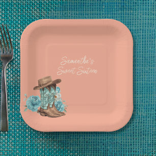 Rustikale Pfirsich-Cowgirl Sweet Sixteen Geburtsta Pappteller
