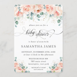 Rustikale Pfirsich Floral Rose Grüne Babydusche Einladung