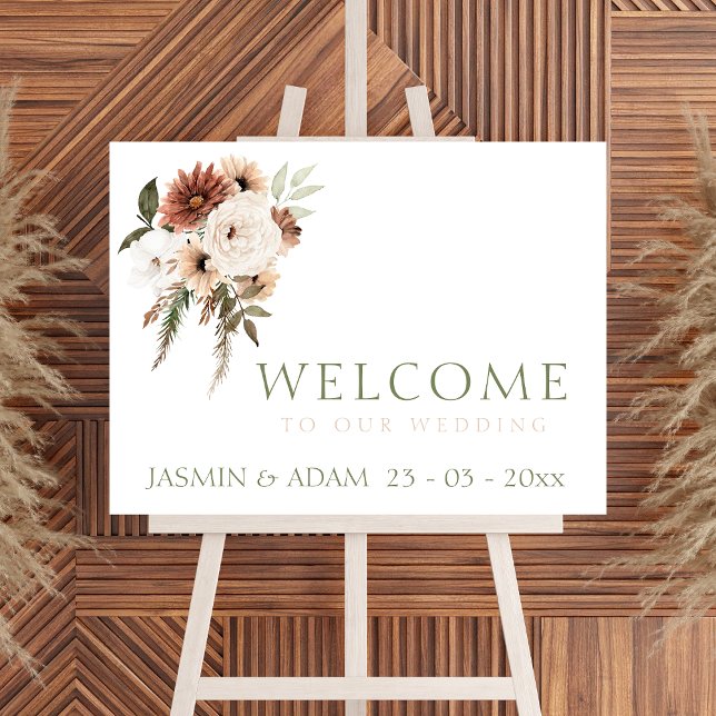Rustikale Pfirsich Terracotta Grüne Flora Begrüßun Poster (Elegant Peach Green Floral Wedding Welcome Sign)