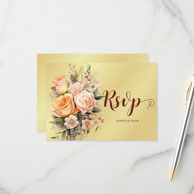 Rustikale Pfirsich- und Gold-Blume Hochzeit RSPV-K RSVP Karte (Vorderseite/Rückseite Beispiel)