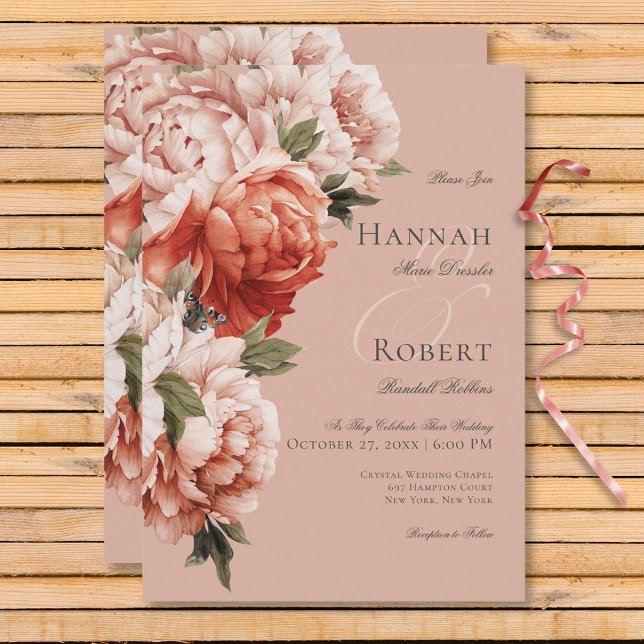 Rustikale Pfirsich- und Rostpfirsiche auf Pfirsich Einladung (Rustic Peach & Rust Peonies on Peach Wedding Invitation)