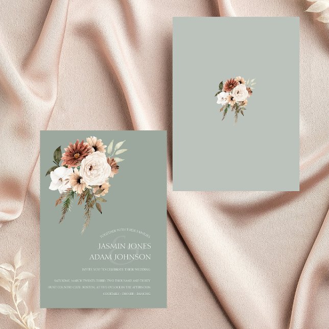 Rustikale Pfirsichblütenhochzeit Einladung (Rustic Sage Green Peach Floral Wedding Invitation)