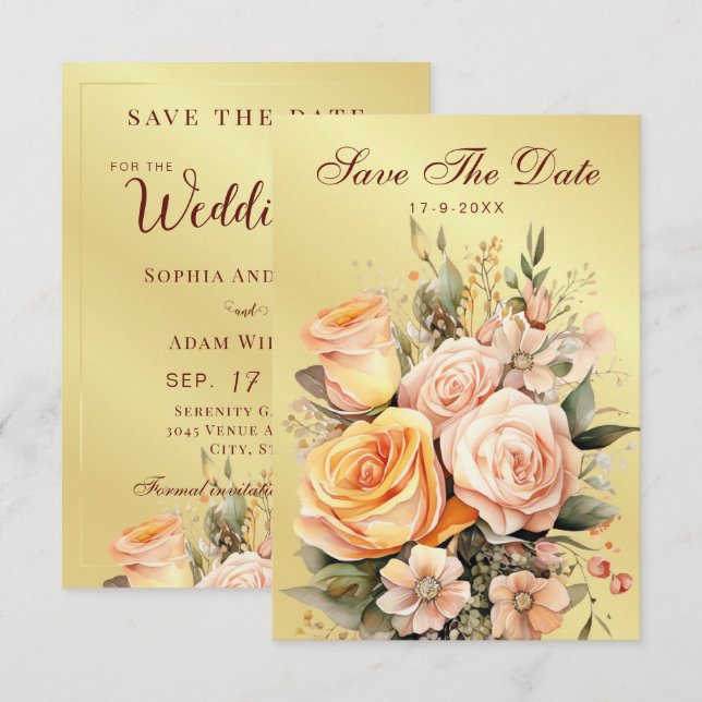 Rustikale Pfirsiche und Hochzeiten mit goldener Bl Save The Date (Vorne/Hinten)